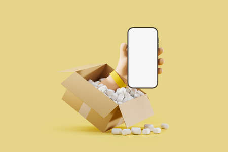 Cartoon hand hold smartphone, open cardboard box on light yellow background. Concept of order and shipment. Mockup copy space display. 3D renderingの写真素材