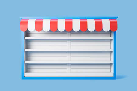 Cartoon empty shelves in store on light blue background. Concept of retail and goods. Mockup copyspace. 3D renderingの写真素材