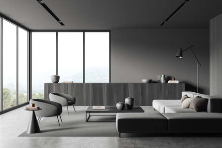 Dark living room interior with sofa and armchairs, coffee table and commode with decoration, carpet...