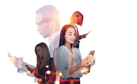 Group of business people wearing formal wear work together on smartphones having conference call....