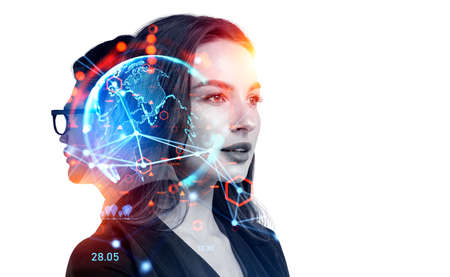 Businesswoman and businessman wearing formal wear are watching at digital interface with hologram of...