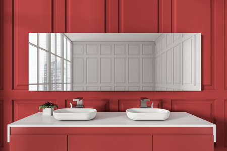 Red bathroom interior with double sink and mirror, white deck with accessories, window on city view. 3D renderingの写真素材