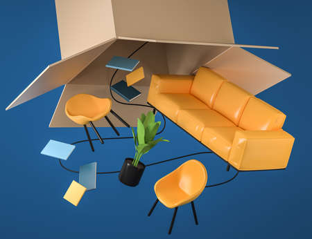 Sofa, armchair falling out of cardboard box, blue background. Concept of moving house and delivery....