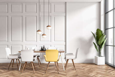 Front view on bright dining room interior with dinner table with six chairs, panoramic window,...