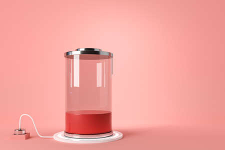 Power source charging, accumulator battery with red, low level indicator on pink background. Concept of accumulations. Empty copyspace. 3D renderingの写真素材