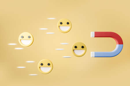 Horseshoe red and blue magnet on light yellow background, smiling emoji, social network. concept...