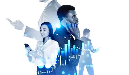 White and black people working together, using and calling on smartphone. Double exposure with...