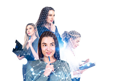 Four businesswoman silhouette with thinking look, double exposure, financial graph hologram with numbers and lines. Concept of stock market and teamwork. copy spaceの写真素材