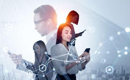 Group of business people wearing formal wear work together on smartphones having conference call. New York city skyscrapers, digital interface. Concept of teamwork, cooperation, internet communicationの写真素材