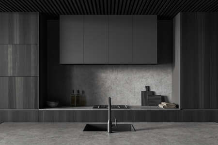 Front view on dark kitchen room interior with cupboard, gray wall, sink, plates, oil, towel, vase,...