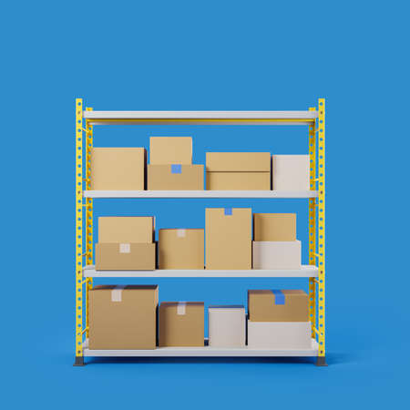 Metal rack full with cardboard boxes, delivery and storage of parcels on blue background. Concept of...