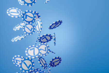 Pile of casino, poker chips falling on light blue background. Concept of win and online gaming. 3D...