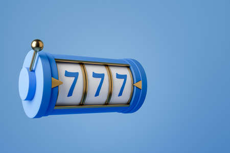 Casino 777 jackpot on light blue background. Golden handle and minimalist slot machine, side view. Concept of big win and success. 3D renderingの写真素材