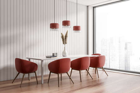Red and white design, dining room interior with table and armchairs, hardwood floor. Panoramic...