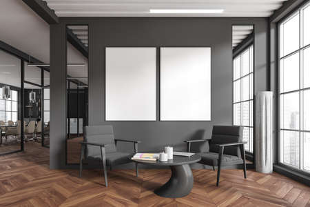 Dark business room interior with two armchairs and coffee table, panoramic window with city view....