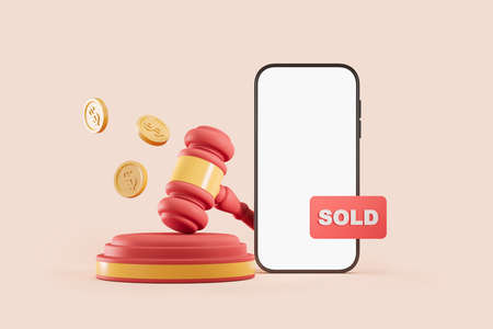 Mobile phone and auction gavel on pink background with coins flying. Concept of online sales. Mockup copyspace display. 3D renderingの写真素材