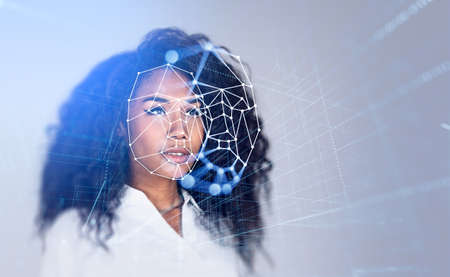 Black businesswoman portrait and digital biometric scanning. Face detection and recognition. Concept...