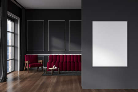 Dark living room interior with couch and armchair on hardwood floor, coffee table and panoramic...