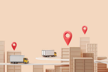 Delivery van and location mark, abstract city building and road, beige background. Concept of...