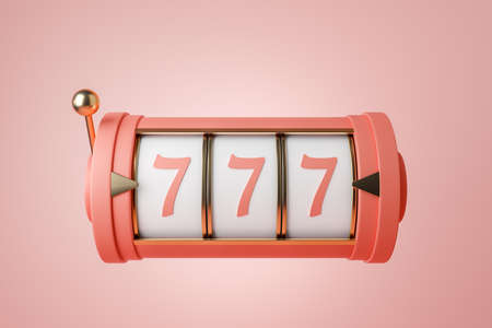 Casino 777 jackpot on light pink background. Golden handle and minimalist slot machine. Concept of big win and success. 3D renderingの写真素材