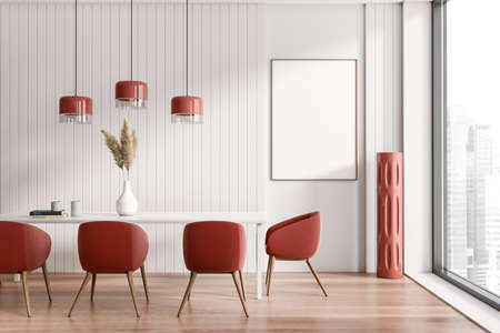 Red and white design of dining room interior with table and armchairs, Mock up wall poster. Panoramic window, downtown city view. 3D renderingの写真素材