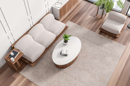 Top view of white living room interior with sofa, coffee table on carpet, hardwood floor. Drawer...