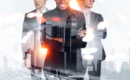 Black businessman with team, double exposure with New York skyline. Concept of conference,...