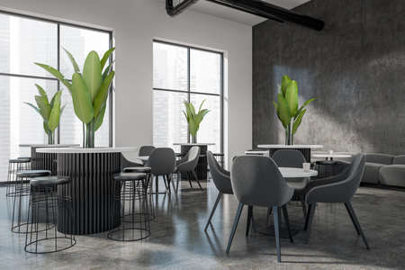 Cafe interior with armchairs and table, bar seats and sofa, side view. Restaurant dining area and...