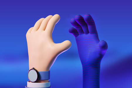 White cartoon and digital hand hologram, digital world connection, blue background. Concept of...