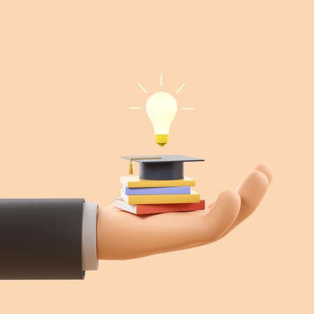 Cartoon hand hold stack of books with graduation cap and light bulb on light background. Concept of...