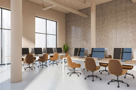Brown office interior with armchairs and pc computer in row, side view, white concrete floor. Coworking loft with panoramic window on Singapore city view. 3D renderingの写真素材