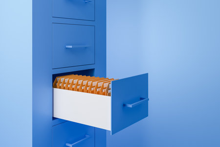 Paper files in folders, cabinet on light blue background. Heap of papers in row, concept of database and storage. copyspace. 3D renderingの写真素材
