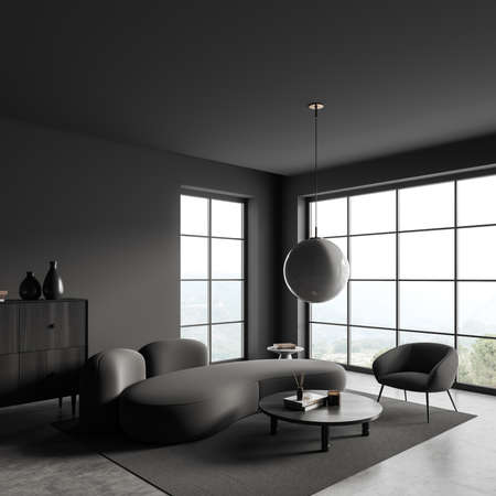Dark relax space interior with sofa and armchair, side view, coffee table and drawer with...