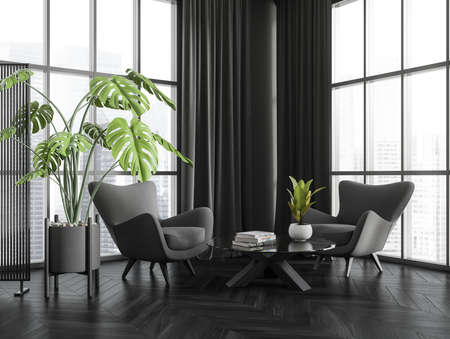 Stylish living room interior with two armchairs, side view, coffee table with decoration on dark...