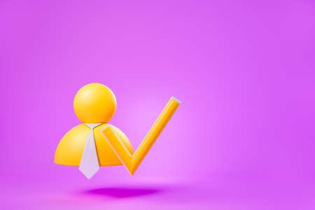 Yellow cartoon profile with tick checkmark icon on purple background. Concept of profile verification, authorization. copyspace. 3D renderingの写真素材