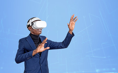Black businessman working in vr glasses, hands touch circuit of connection in cyberspace, blue...