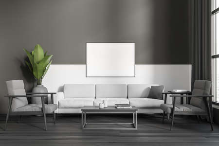 Dark living room interior with sofa and armchairs on black hardwood floor. Coffee table with...