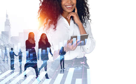 White and black people working together, businesswoman with tablet, pensive look. Double exposure...