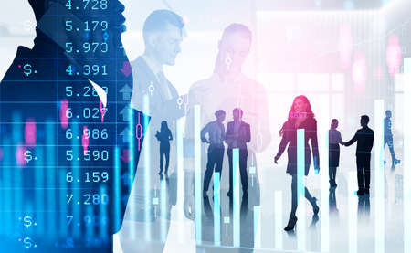 White and black people silhouette, partnership and communication. Double exposure with forex...