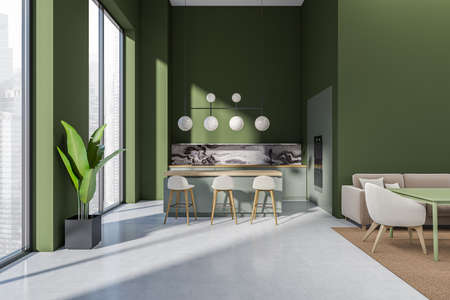 Green kitchen interior with countertop and seats, relax area with sofa and armchair. Cooking...