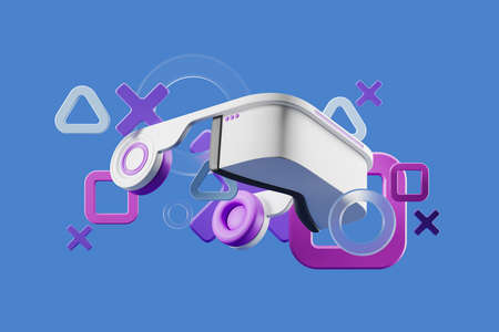 Futuristic vr glasses goggles on blue background, geometric figures design, digital world and...