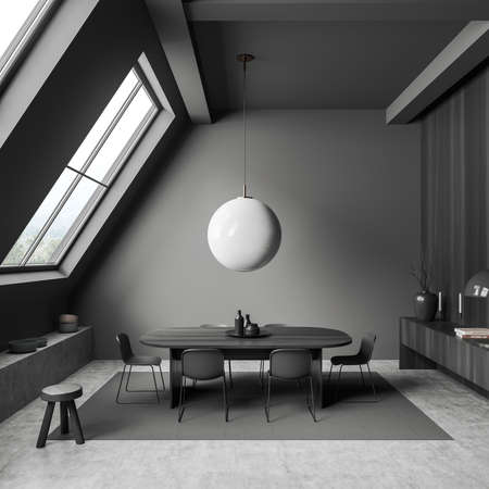 Dark attic meeting room interior with chairs and table on carpet, shelf with decoration on gray...