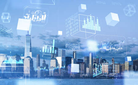 Digital hologram with forex diagrams, New York skyline and waterfront. Binary and floating data...