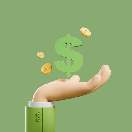 Cartoon hand hold dollar sign with gold coins floating, green background. Concept of investment and...