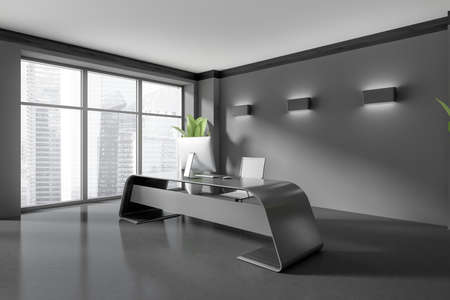 Dark ceo interior with pc computer and armchair on gray concrete floor. Consulting room with desk...