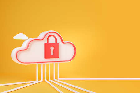 Cloud connection and protection with red lock, lines on yellow background. Concept of data safety. copyspace. 3D renderingの写真素材