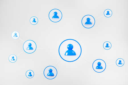 Social network circuit with blue personal icons, circuit of profiles on gray background. Concept of...