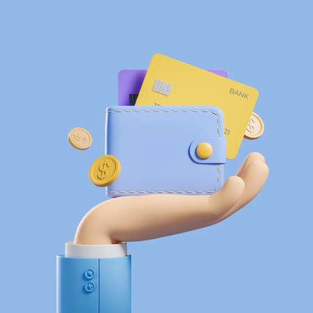 Cartoon hand hold wallet with gold coins and two credit cards on blue background. Concept of finance and income. 3D renderingの写真素材