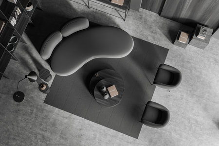 Top view of dark chill interior with sofa and two armchairs, shelf and coffee table with decoration,...