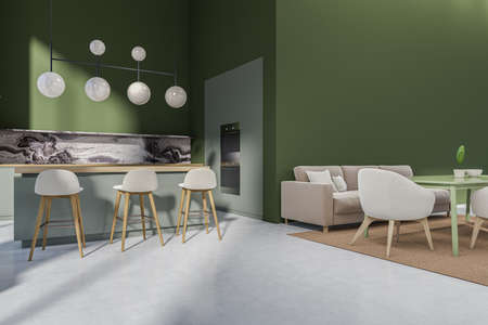 Green studio interior with countertop and seats, side view, relax area with sofa and armchairs on...